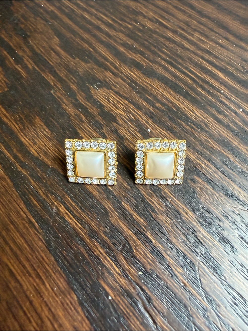 Gold-Tone Pearl-like Center Square Crystal Stud Earrings